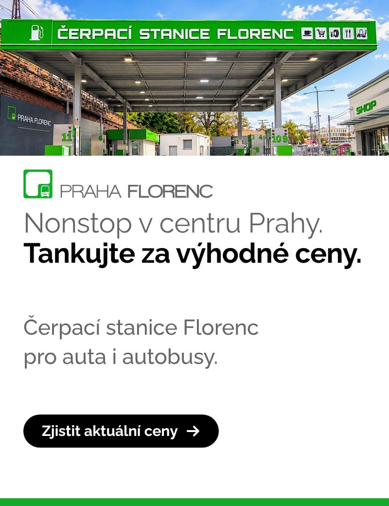 Čerpací stanice Florenc. Obsluha 6:00 - 23:00.
